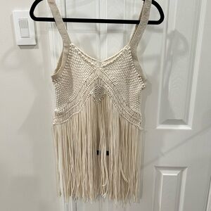 Cream Fringe Knit Tank Top